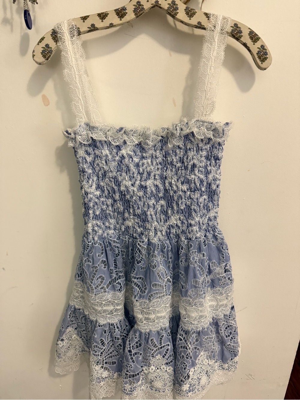 WAIMA Blue White Stripe Eyelet Lace Smocked Babydoll Dress M Cottagecore Coquett